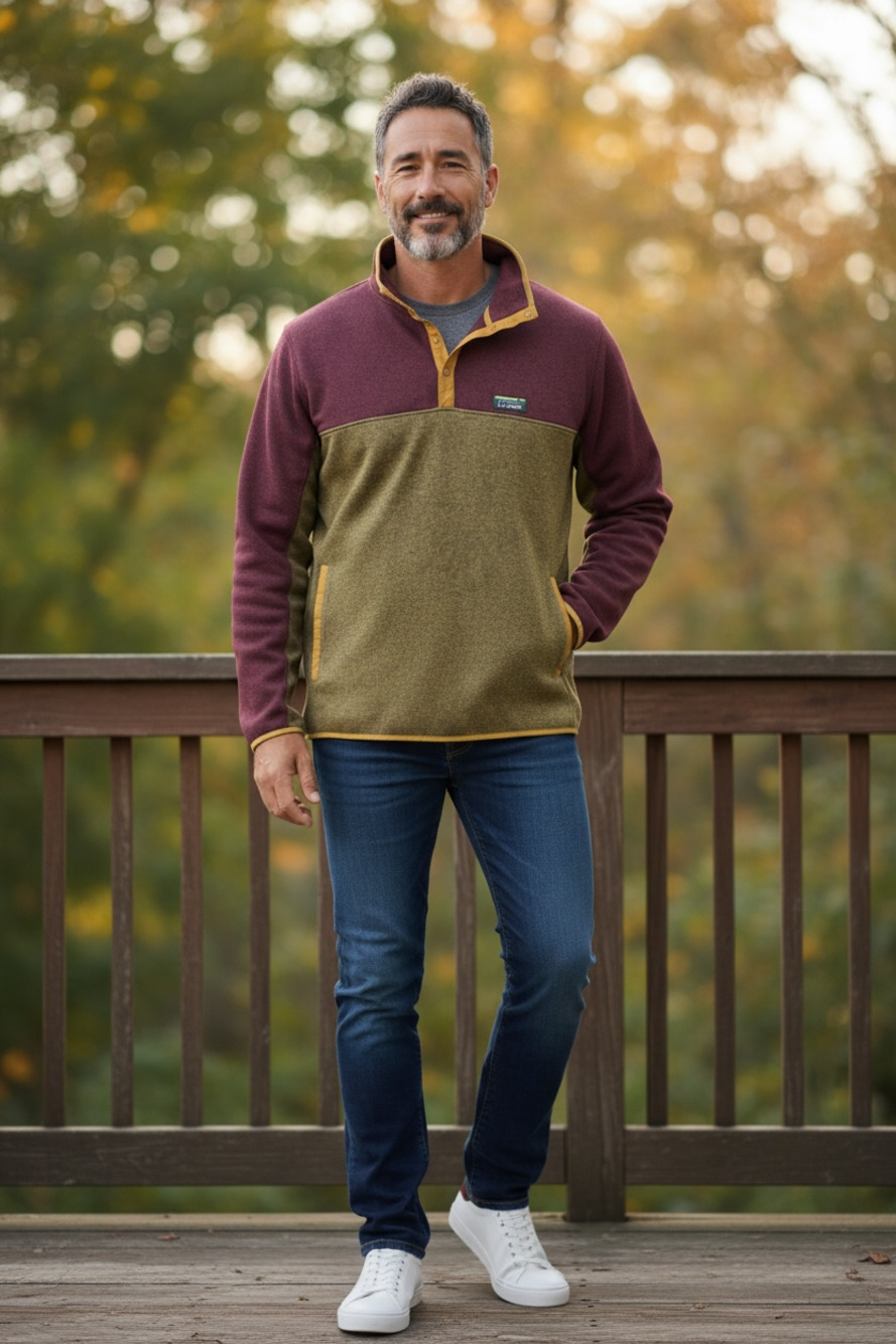 L.L.Bean Mens Slightly Fitted Sweater Fleece Pullover Colorblock Burgd/Olive XXL